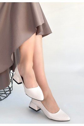 Kadın Topuklu Ayakkabı Bej Rugan Baskılı Abiye & Gece Şık Ofis