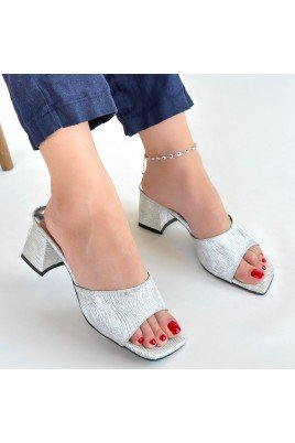 Kadın Topuklu Terlik Gümüş Cilt Şık Ev & Dış Mekan Günlük