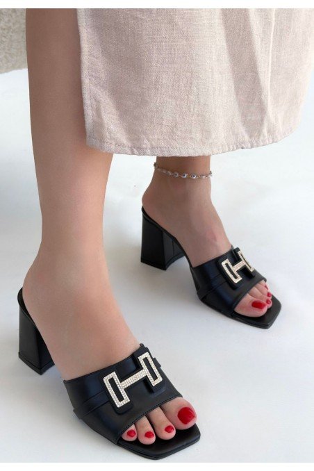 Kadın Topuklu Terlik Siyah Cilt Şık Ev & Dış Mekan Günlük