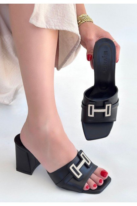 Erew Siyah Cilt Topuklu Terlik