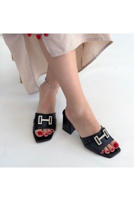 Kadın Topuklu Terlik Siyah Cilt Şık Ev & Dış Mekan Günlük