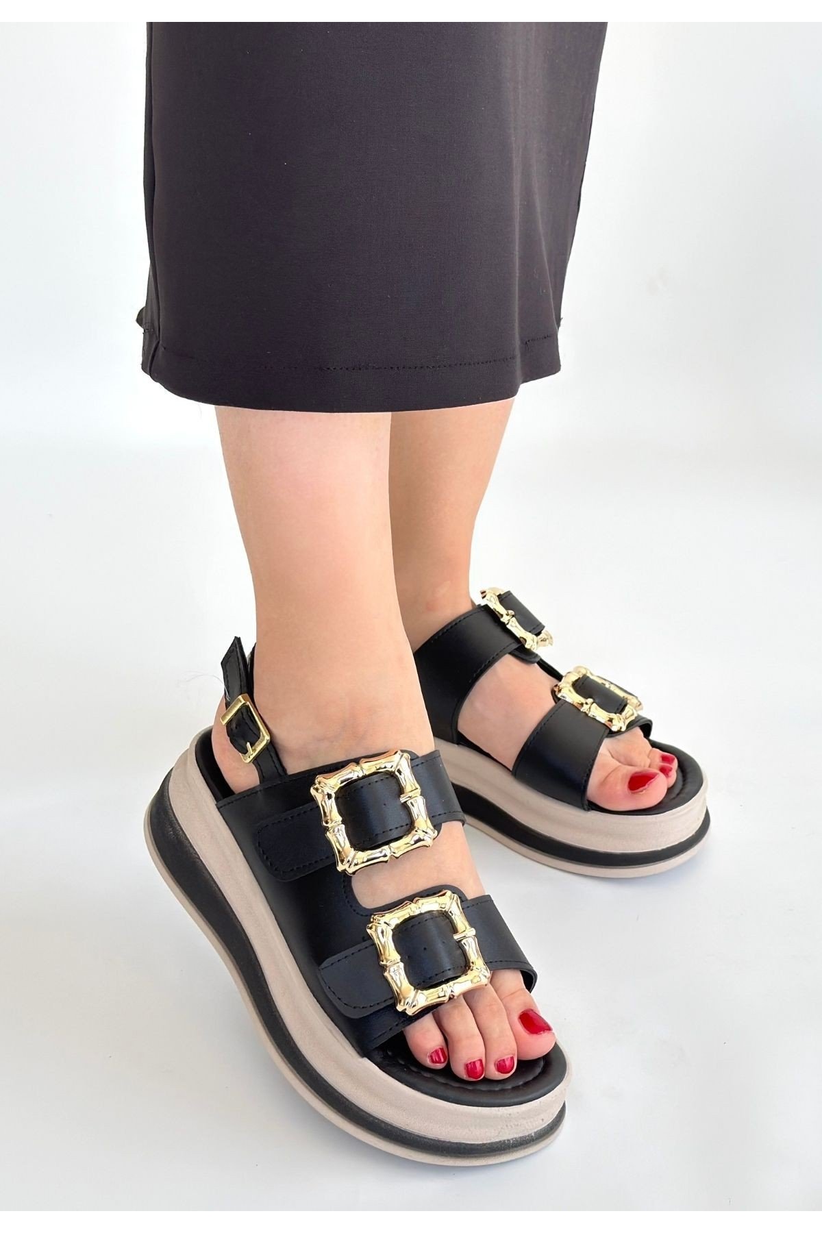 Kadın Sandalet Siyah Cilt Yazlık Günlük Rahat Taban