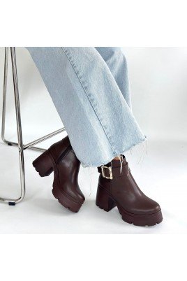 Kadın Topuklu Bot Kahverengi Cilt Şık Kısa Bot Günlük & Özel Gün