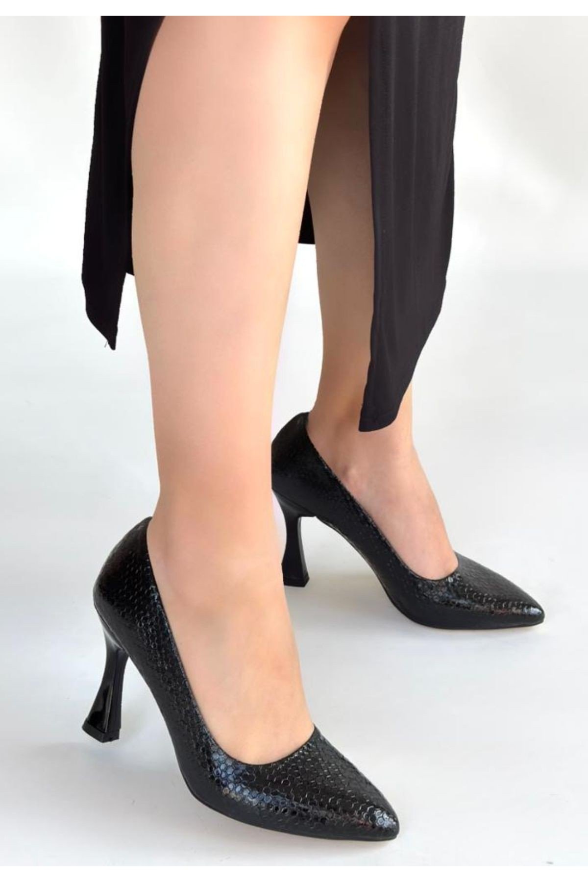 Kadın Topuklu Ayakkabı Siyah Rugan Baskılı Abiye & Gece Şık Ofis