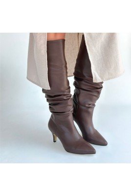 Kadın Topuklu Çizme Kahverengi Cilt Uzun Çizme Şık Kış
