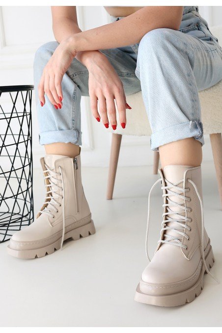Kadın Bağcıklı Bot Bej Cilt Postal Tarz Günlük & Kışlık