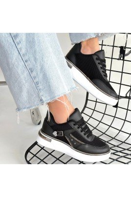 Kadın Sneaker Siyah Cilt Bağcıklı Günlük Spor Ayakkabı