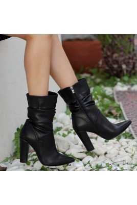 Kadın Topuklu Çizme Siyah Cilt Uzun Çizme Şık Kış