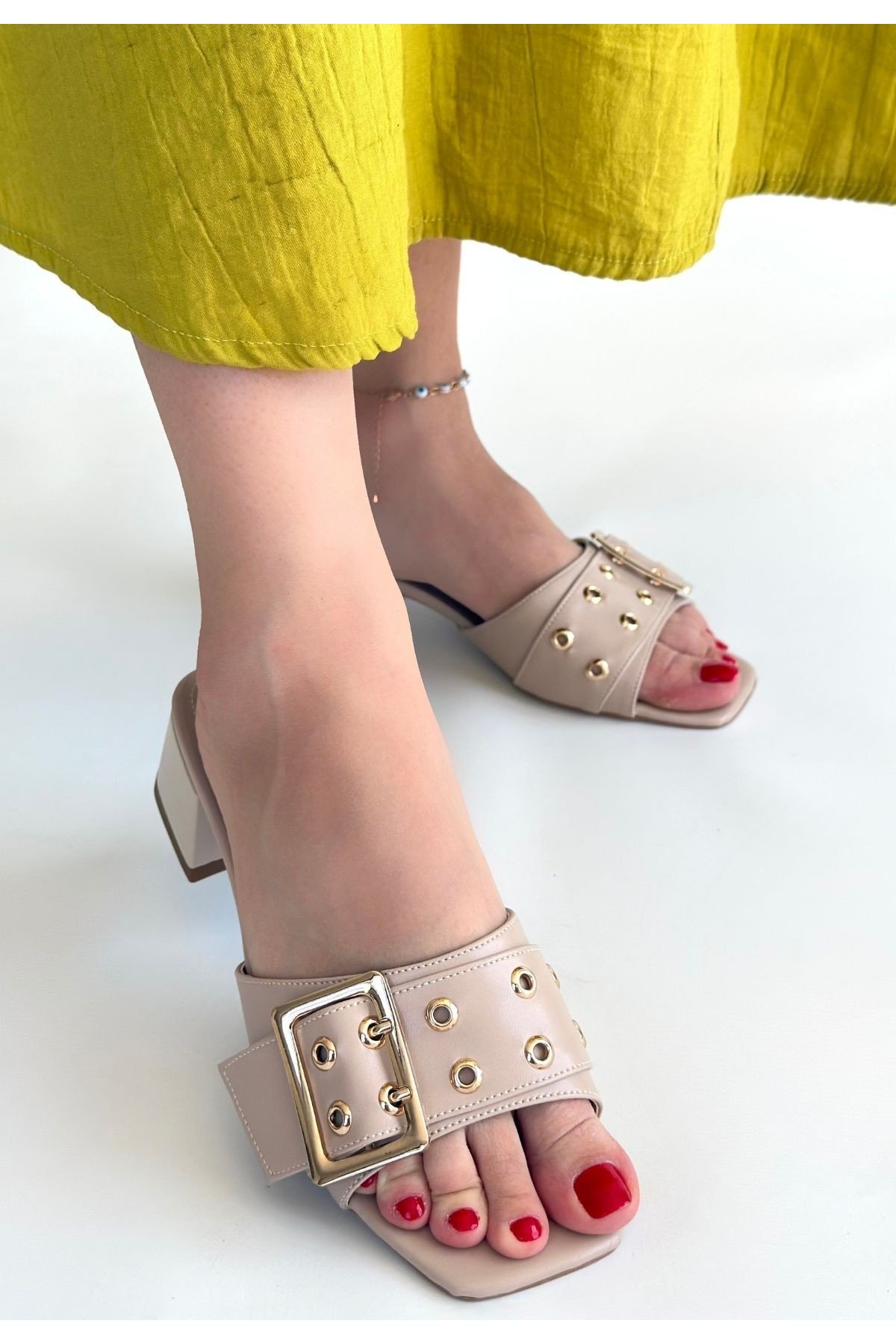 Kadın Topuklu Terlik Bej Cilt Şık Ev & Dış Mekan Günlük