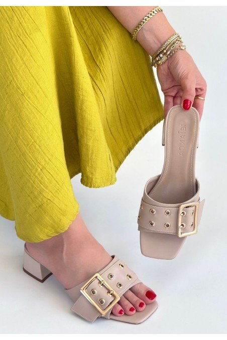 Kadın Topuklu Terlik Bej Cilt Şık Ev & Dış Mekan Günlük