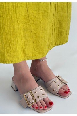 Kadın Topuklu Terlik Bej Cilt Şık Ev & Dış Mekan Günlük