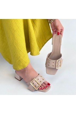 Kadın Topuklu Terlik Bej Cilt Şık Ev & Dış Mekan Günlük