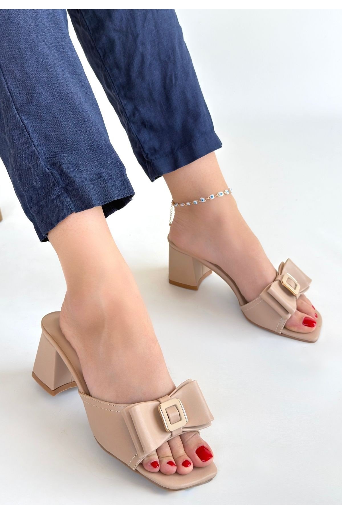Kadın Topuklu Terlik Nude Cilt Şık Ev & Dış Mekan Günlük