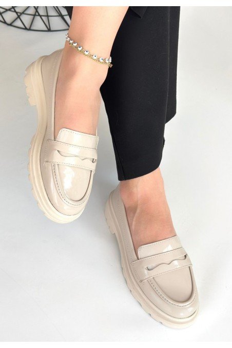 Kadın Oxford Ayakkabı Bej Rugan Loafer Tarz Günlük Şık