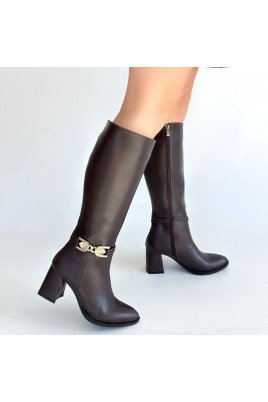 Kadın Topuklu Çizme Kahverengi Cilt Uzun Çizme Şık Kış