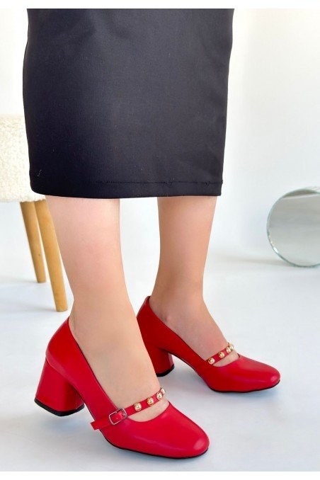 Kadın Topuklu Ayakkabı Kırmızı Cilt Ofis & Günlük Şık