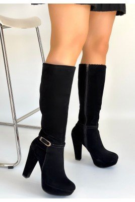 Kadın Topuklu Çizme Siyah Süet Uzun Çizme Şık Kış
