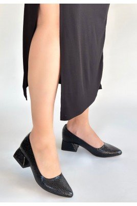 Kadın Topuklu Ayakkabı Siyah Rugan Baskılı Abiye & Gece Şık Ofis