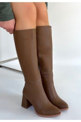 Kadın Topuklu Çizme Vizon Cilt Uzun Çizme Şık Kış