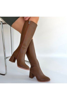 Kadın Topuklu Çizme Vizon Cilt Uzun Çizme Şık Kış