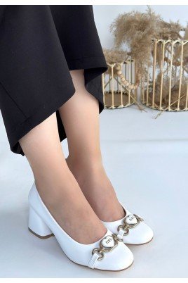 Kadın Topuklu Ayakkabı Beyaz Cilt Ofis & Günlük Şık
