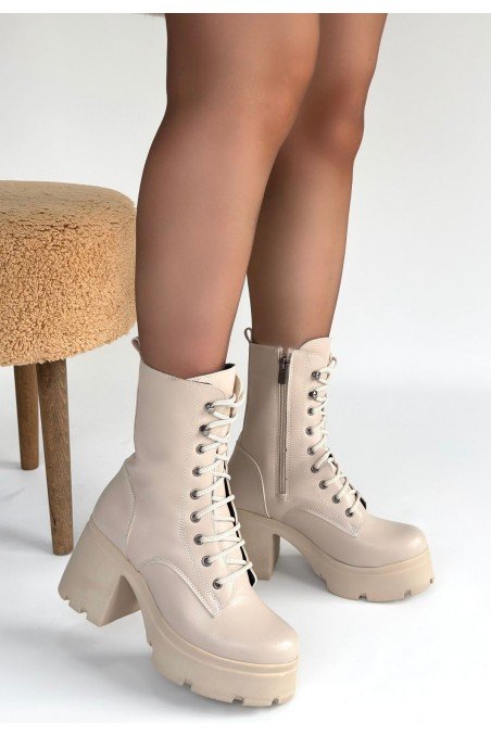 Jones Bej Cilt Bağcıklı Topuklu Bot