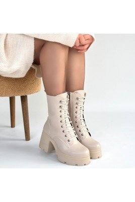 Kadın Topuklu Bot Bej Cilt Şık Kısa Bot Günlük & Özel Gün