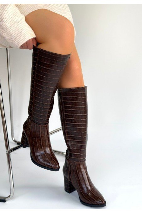 Kadın Topuklu Çizme Acı Kahve Rugan Uzun Çizme Şık Kış