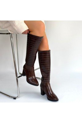 Kadın Topuklu Çizme Acı Kahve Rugan Uzun Çizme Şık Kış
