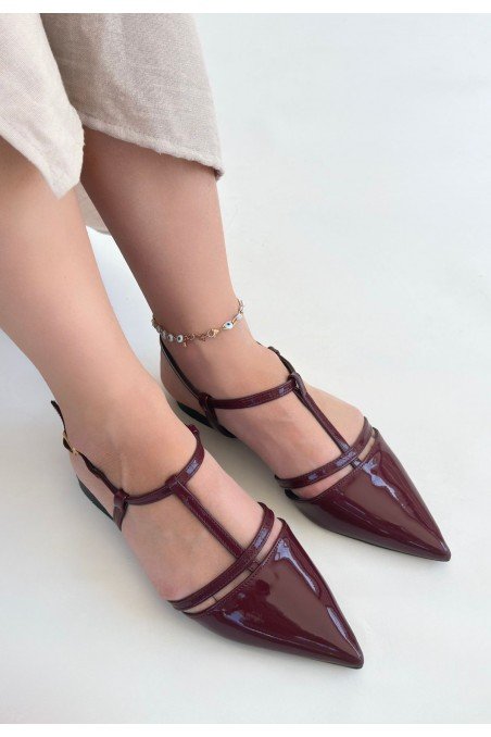 Kadın Babet Ayakkabı Bordo Rugan Rahat Düz Taban Günlük