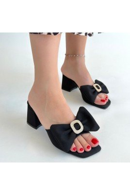 Kadın Topuklu Terlik Siyah Cilt Şık Ev & Dış Mekan Günlük