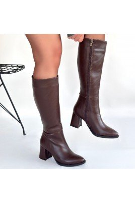 Kadın Topuklu Çizme Acı Kahve Cilt Uzun Çizme Şık Kış