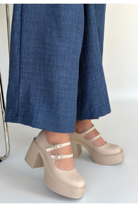 Kadın Dolgu Topuklu Platform Ayakkabı Bej Cilt Rahat Taban Günlük