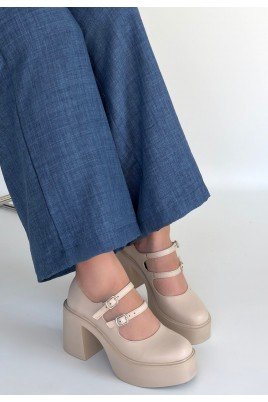 Kadın Dolgu Topuklu Platform Ayakkabı Bej Cilt Rahat Taban Günlük