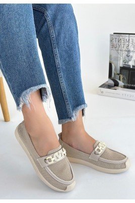 Kadın Babet Ayakkabı Bej Triko Rahat Düz Taban Günlük