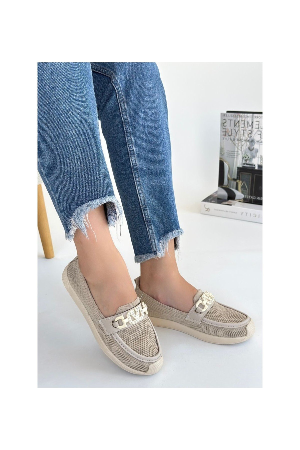 Kadın Babet Ayakkabı Bej Triko Rahat Düz Taban Günlük