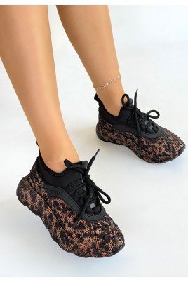 Rimay Kahverengi Leopar Boncuk İşlemeli Spor Ayakkabı