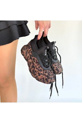 Kadın Sneaker Kahverengi Cilt Bağcıklı Günlük Spor Ayakkabı Boncuk İşlemeli Leopar Desen