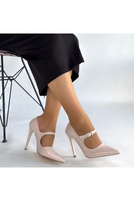 Kadın Stiletto Topuklu Ayakkabı Bej Rugan Şık İnce Topuk Abiye Gece