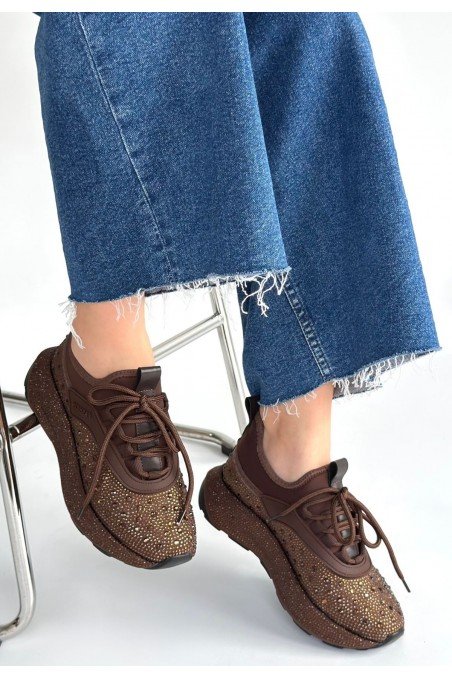 Kadın Sneaker Kahverengi Cilt Bağcıklı Günlük Spor Ayakkabı Boncuk İşlemeli