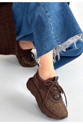 Kadın Sneaker Kahverengi Cilt Bağcıklı Günlük Spor Ayakkabı Boncuk İşlemeli
