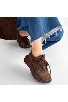 Kadın Sneaker Kahverengi Cilt Bağcıklı Günlük Spor Ayakkabı Boncuk İşlemeli