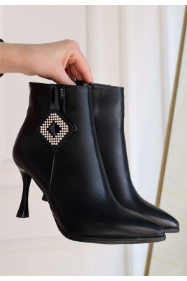 Kadın Topuklu Bot Siyah Cilt Şık Kısa Bot Günlük & Özel Gün