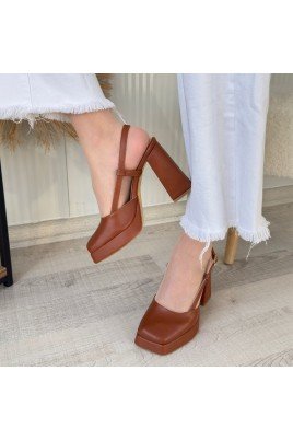 Kadın Topuklu Ayakkabı Taba Cilt Ofis & Günlük Şık