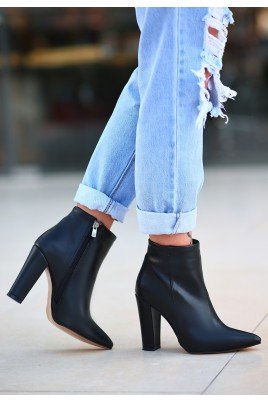 Kadın Topuklu Bot Siyah Cilt Şık Kısa Bot Günlük & Özel Gün
