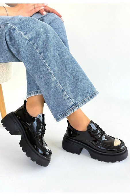 Kadın Dolgu Topuklu Platform Ayakkabı Siyah Rugan Rahat Taban Günlük