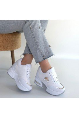 Kadın Sneaker Beyaz Cilt Bağcıklı Günlük Spor Ayakkabı Simli