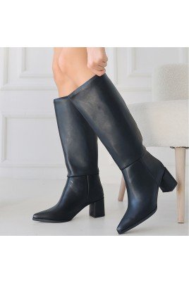 Kadın Topuklu Çizme Siyah Cilt Uzun Çizme Şık Kış