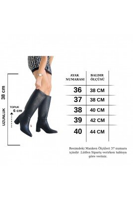 Kadın Topuklu Çizme Siyah Cilt Uzun Çizme Şık Kış