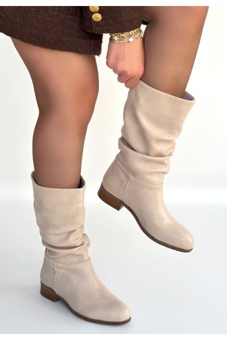 Kadın Çizme Bej Cilt Uzun Diz Altı Günlük Kış Sezonu